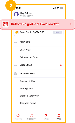 Pilih PaxelMarket, Profil dan pilih Buka Toko Gratis